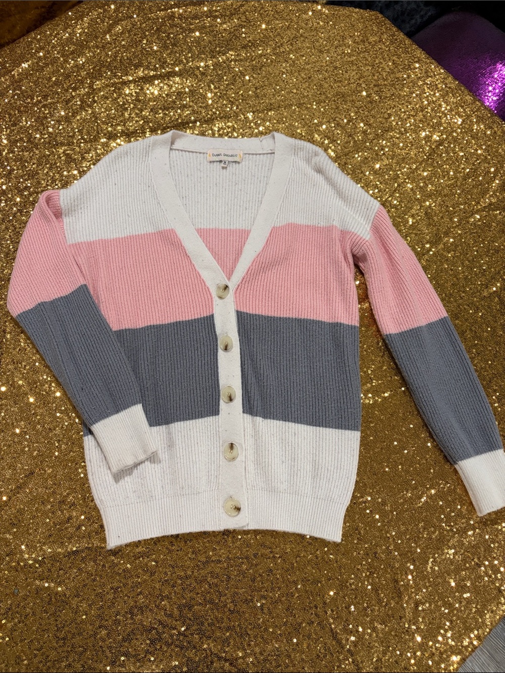 Striped V-Neck Cardigan in Pink, Gray & White